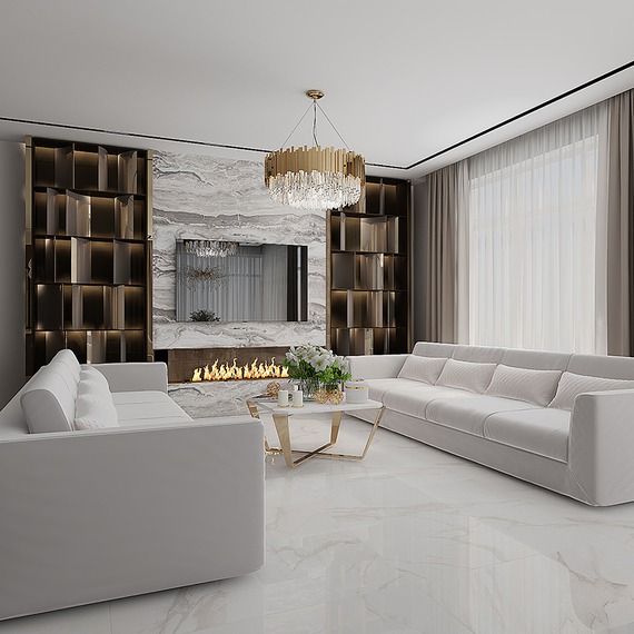 Stolik kawowy glamour do salonu złoty z białym konglomeratem elegancki RALPH