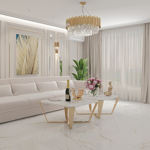 Stolik kawowy glamour do salonu złoty z białym konglomeratem elegancki RALPH