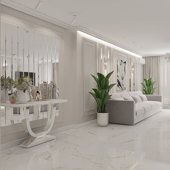 Glamor console in a modern style with a white marble top, silver ART DECO