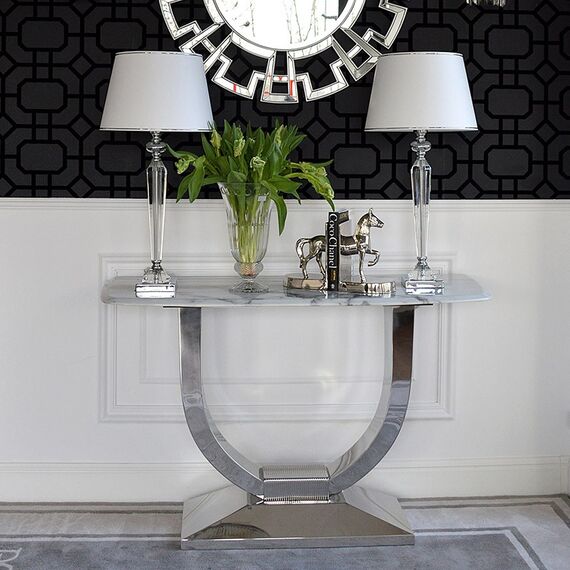 Glamor console in a modern style with a white marble top, silver ART DECO