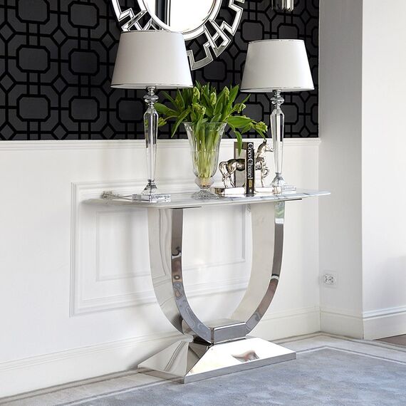 Glamor console in a modern style with a white marble top, silver ART DECO