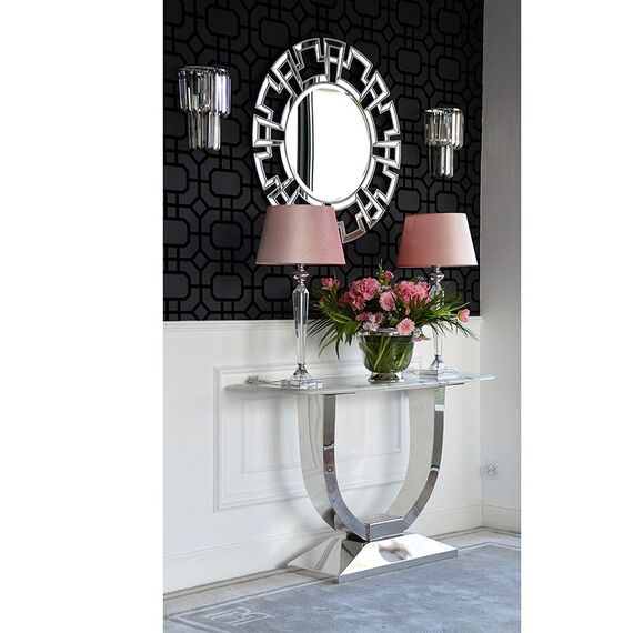 Glamor console in a modern style with a white marble top, silver ART DECO