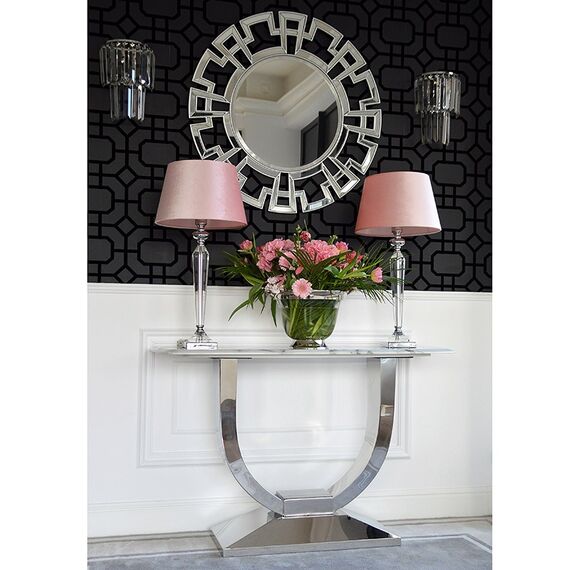 Glamor console in a modern style with a white marble top, silver ART DECO