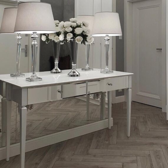 Konsola glamour lustrzana ELEGANCE, toaletka nowojorska z szufladami, biała