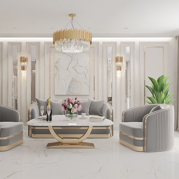 Sofa glamour luksusowa 3 osobowa do salonu, gabinetu, sypialni, nowoczesna, nowojorska, plisowana, szara, złota MADONNA