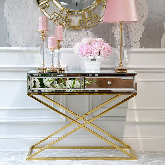Mirror console CHICAGO GOLD on metal legs New York glamor modern 100x40x80 gold