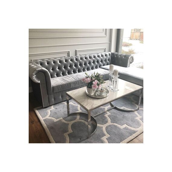 Chesterfield corner sofa with fold-out bedroom function, upholstered in glamour style