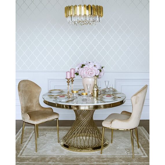 Designerski stół ANTONIO 130 cm stal okrągła do jadalni z blatem z białego, czarnego marmuru, nowoczesny glamour złoty