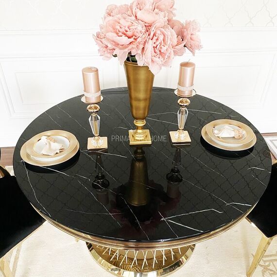 Designerski stół ANTONIO 130 cm stal okrągła do jadalni z blatem z białego, czarnego marmuru, nowoczesny glamour złoty