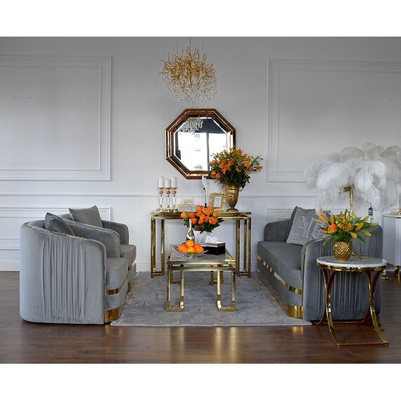 Sofa glamour luksusowa 3 osobowa do salonu, gabinetu, sypialni, nowoczesna, nowojorska, plisowana, szara, złota MADONNA