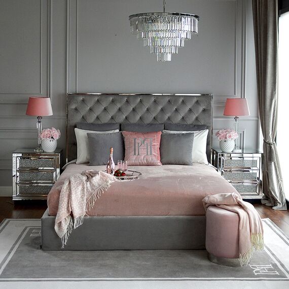 A glamor upholstered quilted bed modern New York style gray SPECTRE