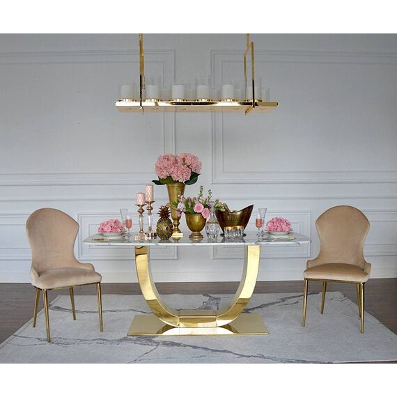 Stół glamour złoty ekskluzywny do jadalni, nowoczesny, designerski, biały blat marmurowy, złoty ART DECO