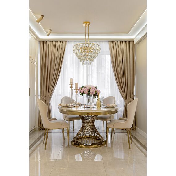 Designerski stół ANTONIO 130 cm stal okrągła do jadalni z blatem z białego, czarnego marmuru, nowoczesny glamour złoty