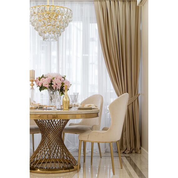 Designerski stół ANTONIO 130 cm stal okrągła do jadalni z blatem z białego, czarnego marmuru, nowoczesny glamour złoty