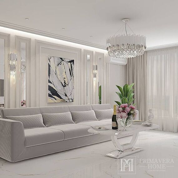 Glamorous coffee table for the living room with a white marble top, silver ART DECO