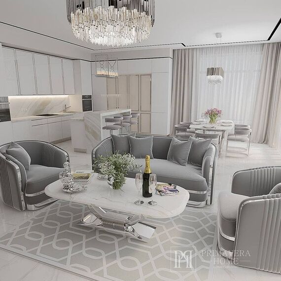 Glamorous coffee table for the living room with a white marble top, silver ART DECO