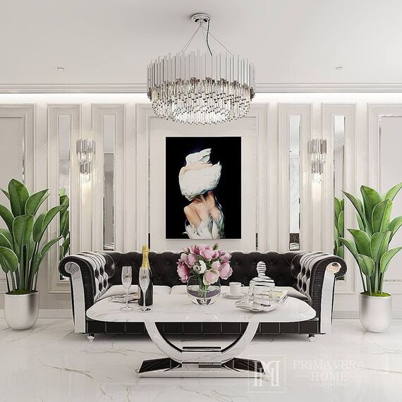 Glamorous coffee table for the living room with a white marble top, silver ART DECO