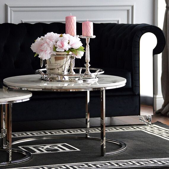 Stolik kawowy glamour nowoczesny srebrny z białym kamiennym marmurowym blatem MARCO SILVER