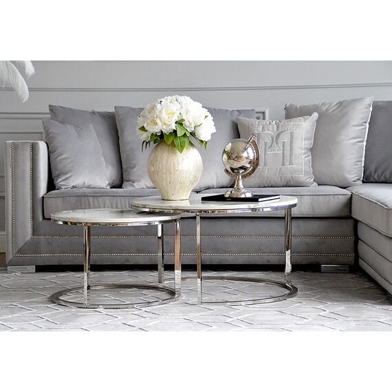 Stolik kawowy glamour nowoczesny srebrny z białym kamiennym marmurowym blatem MARCO SILVER