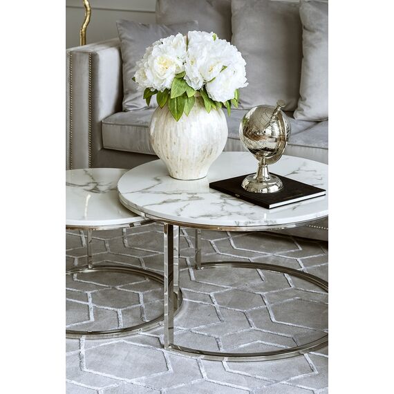 Stolik kawowy glamour nowoczesny srebrny z białym kamiennym marmurowym blatem MARCO SILVER