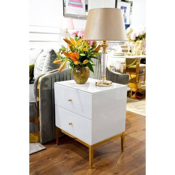 Zestaw 2szt szafek nocnych  Franco do sypialni glamour biała ze złotą podstawą OUTLET