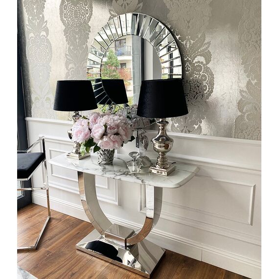 Glamor console in a modern style with a white marble top, silver ART DECO