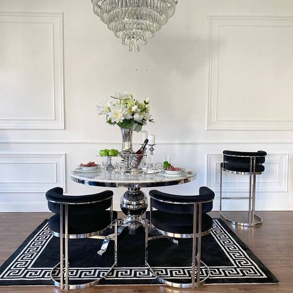 Krzesło glamour ekskluzywne do jadalni, nowoczesne, stalowe, półokrągłe, czarne, srebrne MARCO