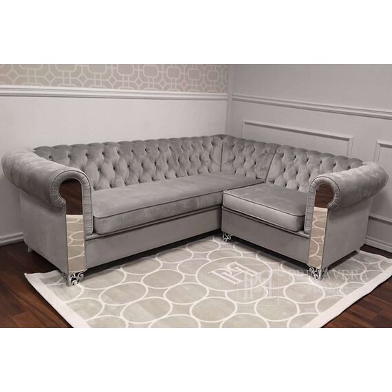 Aksamitny narożnik pikowany srebrny z funkcją spania AVIATOR