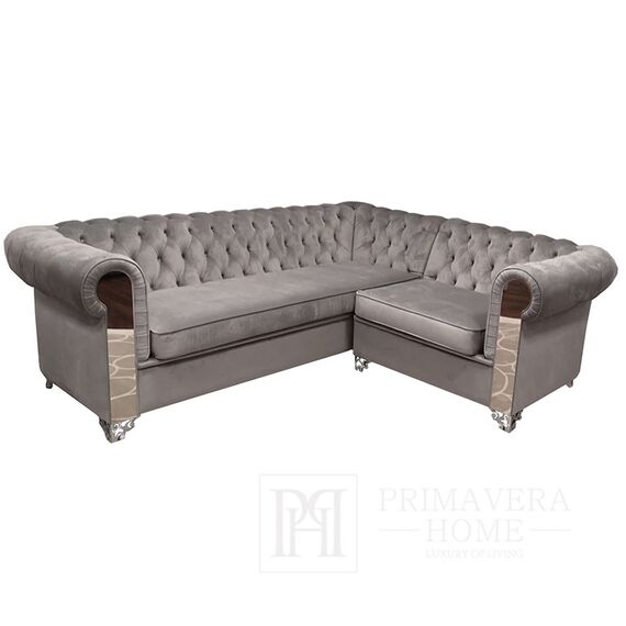 Aksamitny narożnik pikowany srebrny z funkcją spania AVIATOR