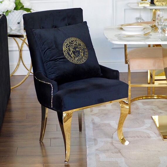 Decorative black velvet pillow with gold logo Medusa