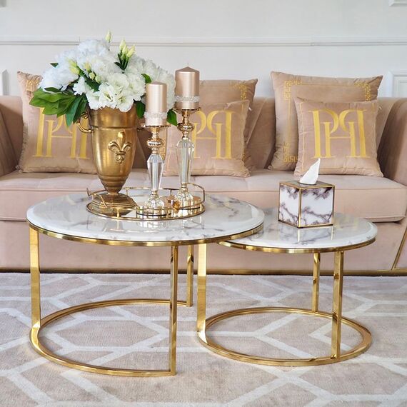 Glamour coffee table, modern gold with white stone table top MARCO GOLD