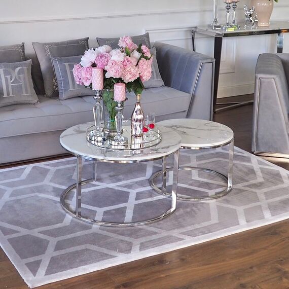 Stolik kawowy glamour nowoczesny srebrny z białym kamiennym marmurowym blatem MARCO SILVER