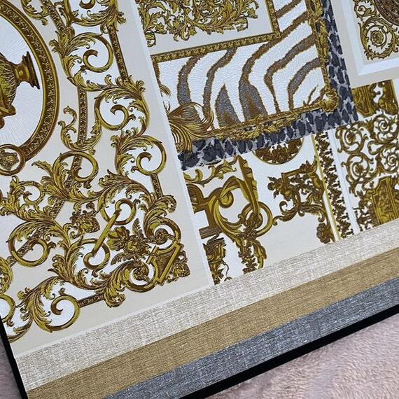 Luksusowa tapeta geometryczna Versace glamour kwadraty złota kolaż dekoracyjny