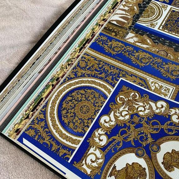 Luksusowa tapeta Versace Découpage kwadraty niebiesko-złota