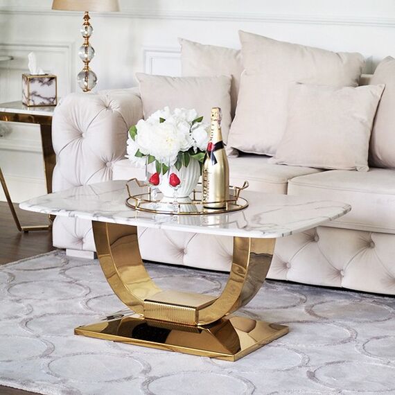 Glamor coffee table for the living room with a white marble top, gold ART DECO