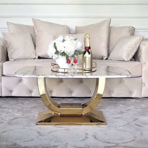 Glamor coffee table for the living room with a white marble top, gold ART DECO