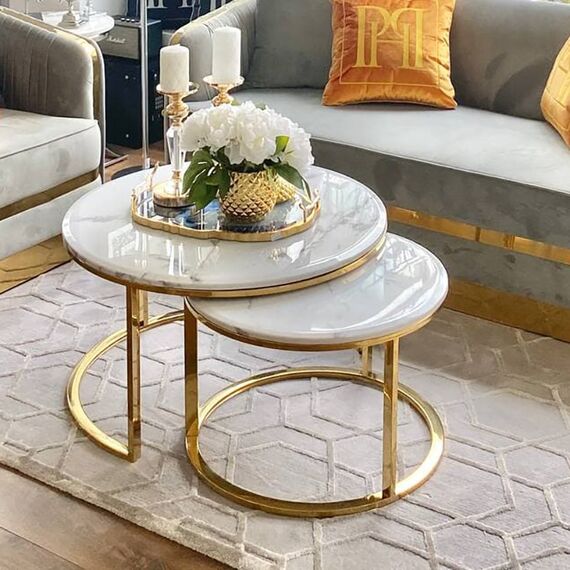 Stolik kawowy glamour MARCO GOLD, złoty z białym marmurem blatem OUTLET