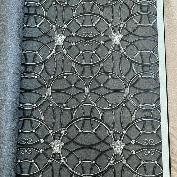 Tapeta czarno srebrna Versace IV  La Scala Del Palazzo geometryczna w kształcie pierścienia