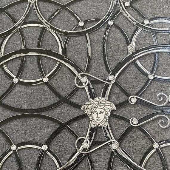 Tapeta czarno srebrna Versace IV  La Scala Del Palazzo geometryczna w kształcie pierścienia