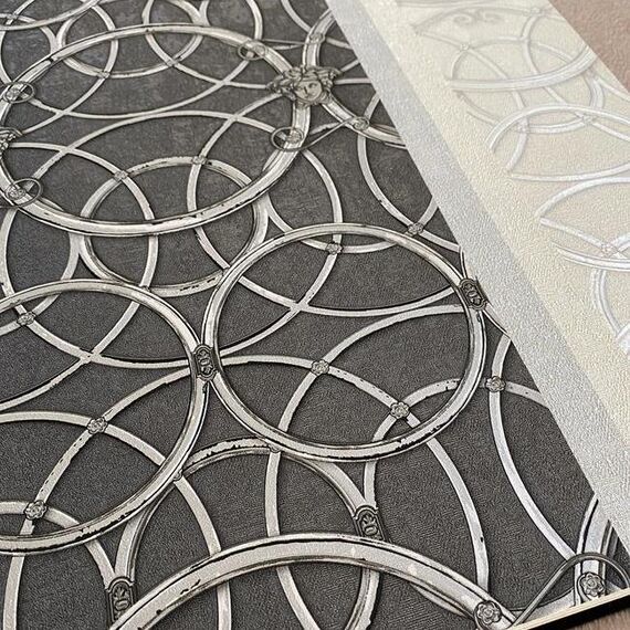 Tapeta glamour Versace IV geometryczna jasny brąz srebrna z pierścieniami