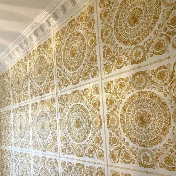 Tapeta Versace geometryczna w stylu barkowoym glamour złoty ecru