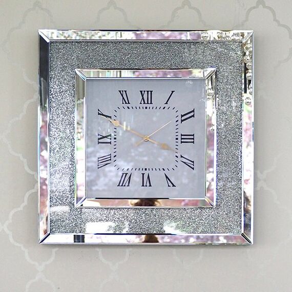 Zegar ścienny PAOLA SILVER diamentowy lustrzany kwadratowy srebrny