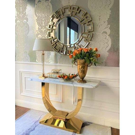 Glamor console in a modern style, with a white marble top, ART DECO gold