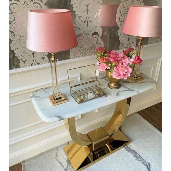 Glamor console in a modern style, with a white marble top, ART DECO gold