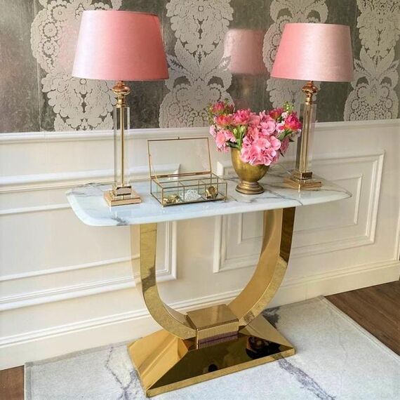 Glamor console in a modern style, with a white marble top, ART DECO gold