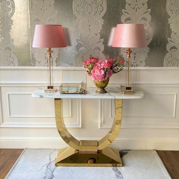 Glamor console in a modern style, with a white marble top, ART DECO gold