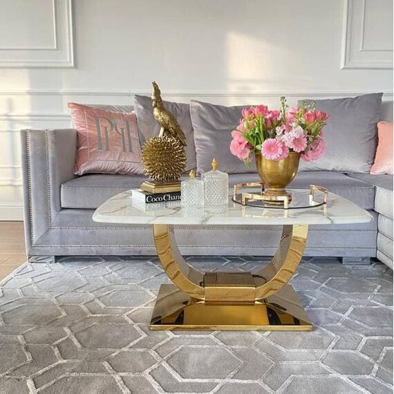 Glamor coffee table for the living room with a white marble top, gold ART DECO