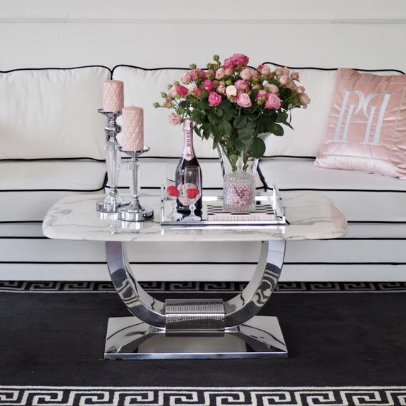 Glamorous coffee table for the living room with a white marble top, silver ART DECO