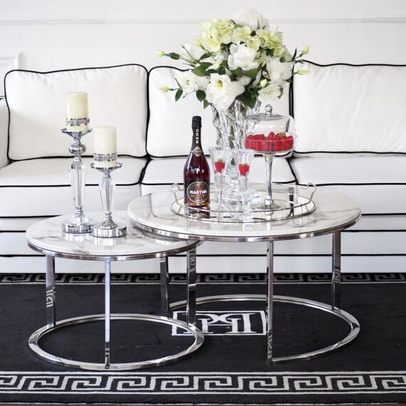 Stolik kawowy glamour nowoczesny srebrny z białym kamiennym marmurowym blatem MARCO SILVER