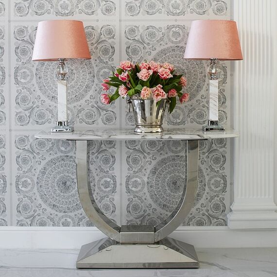 Glamor console in a modern style with a white marble top, silver ART DECO